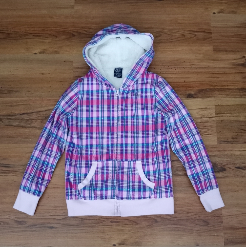 Girls Sherpa Lined Plaid Hoodie - Picture 1 of 10